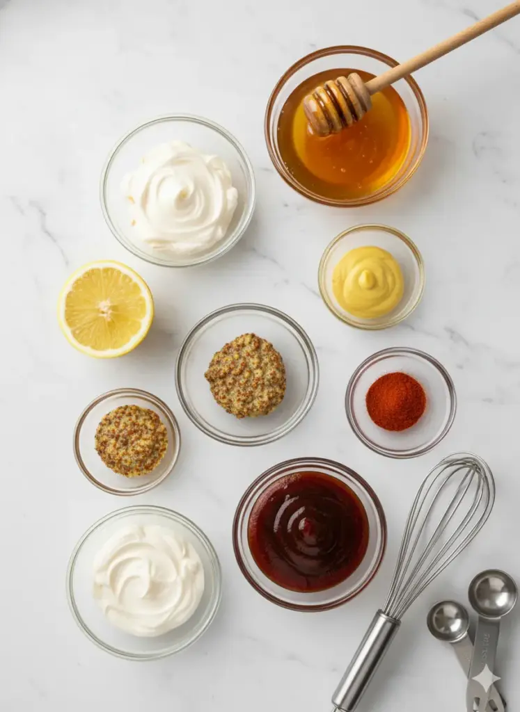 All ingredients for homemade Chick fil A sauce laid out on marble counter