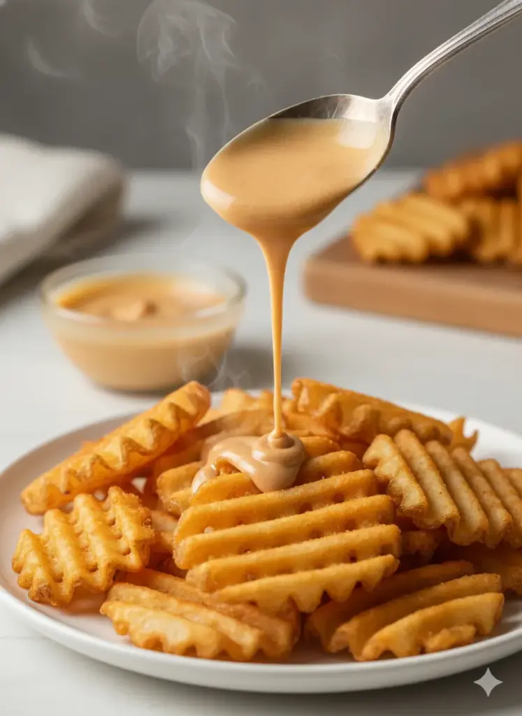 Homemade Chick fil A sauce being drizzled over crispy french fries