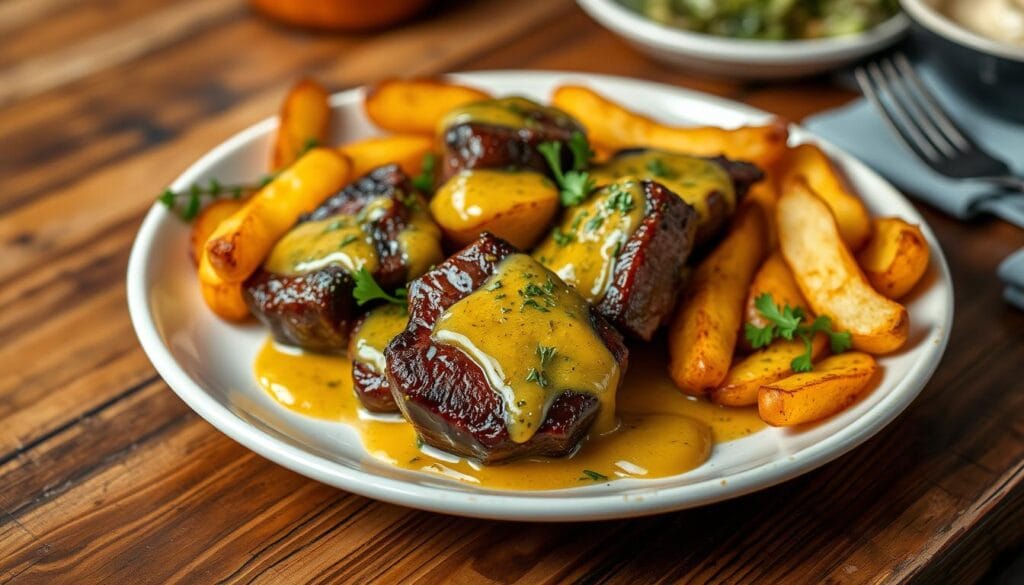 Garlic butter steak bites and potatoes