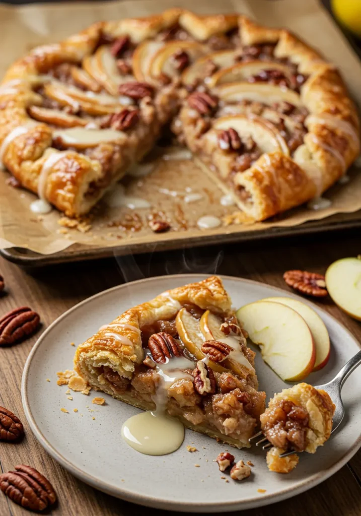Sliced apple and pecan danish pastry tart drizzled with vanilla glaze, showing flaky layers and nutty filling