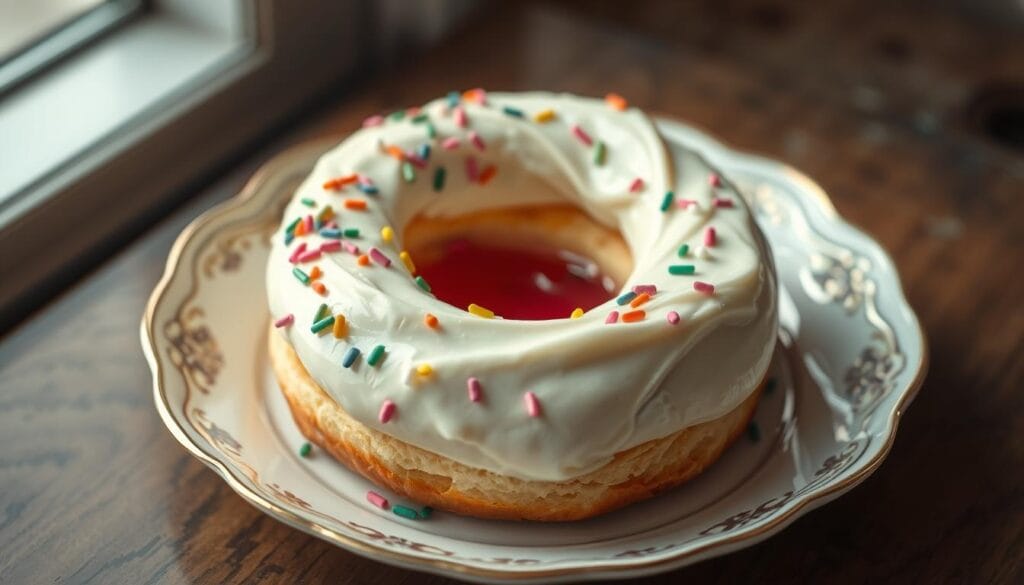 Pastry With Frosting and Jelly Filling in Ring Shape