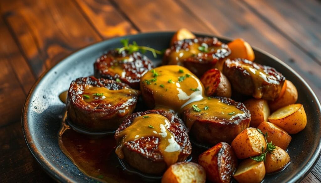 garlic butter steak bites and potatoes