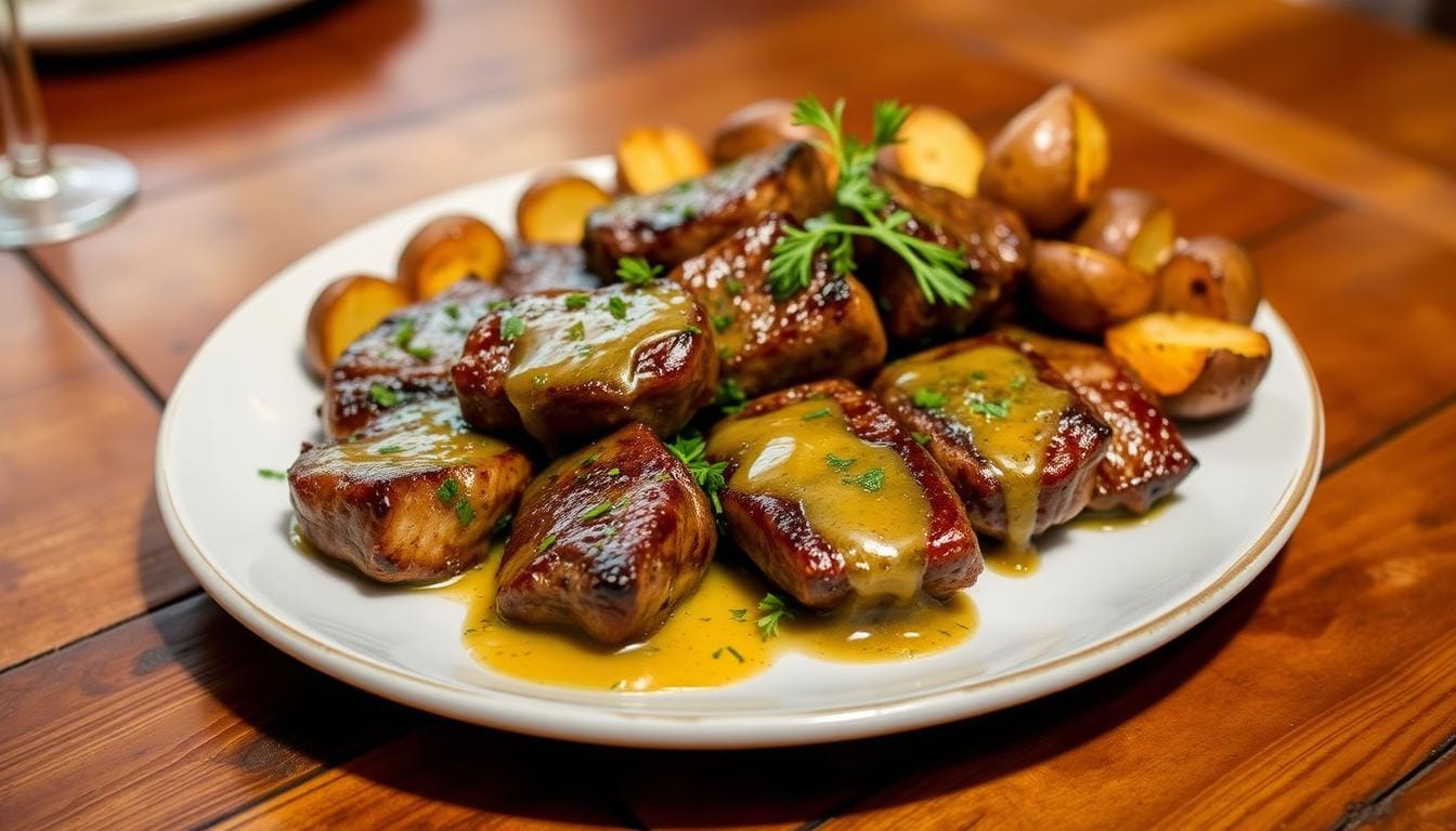 garlic butter steak bites and potatoes