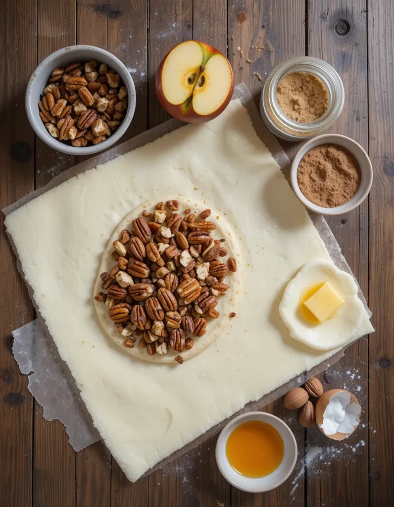 Laid-out ingredients for apple and pecan danish pastry tart including sliced apples, chopped pecans, puff pastry, brown sugar, and spices on a wooden cutting board