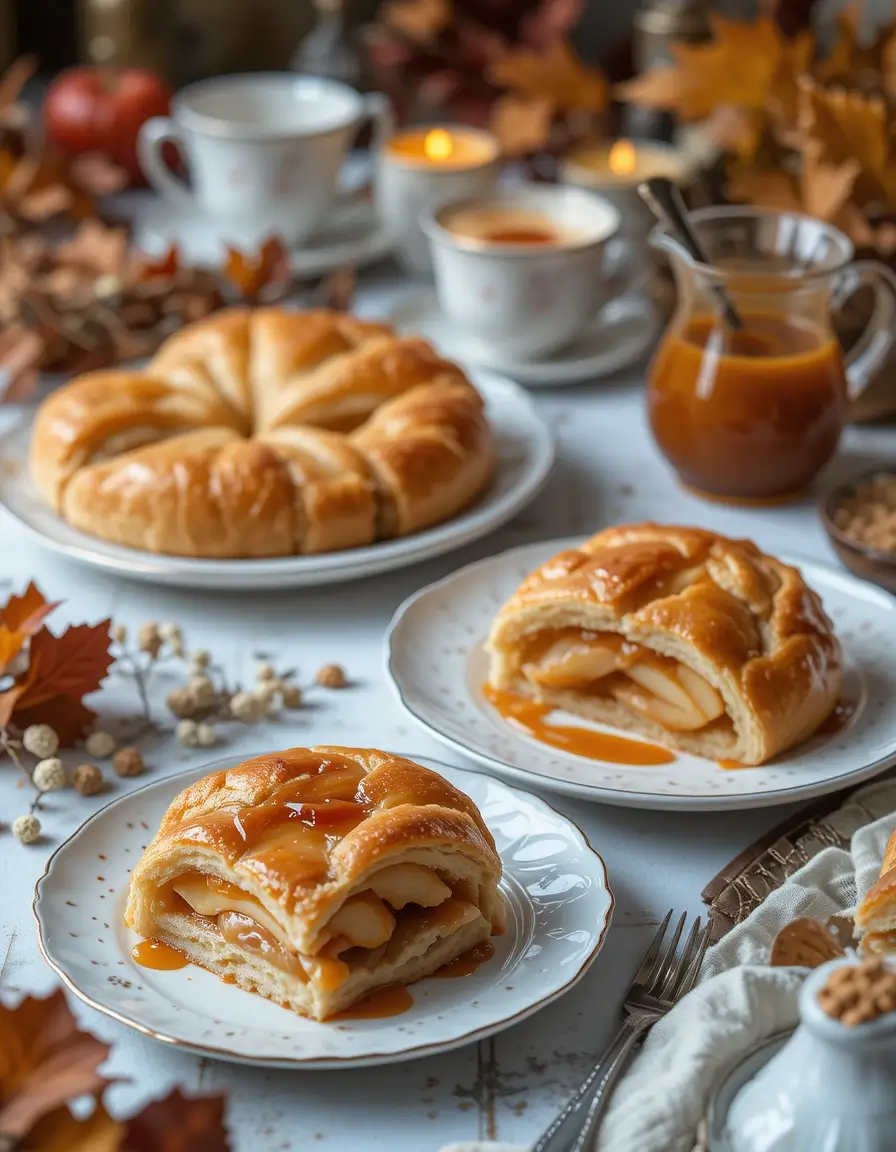 Elegant dessert table featuring sliced Caramel Apple Puff Pastry on white plates with warm caramel sauce.