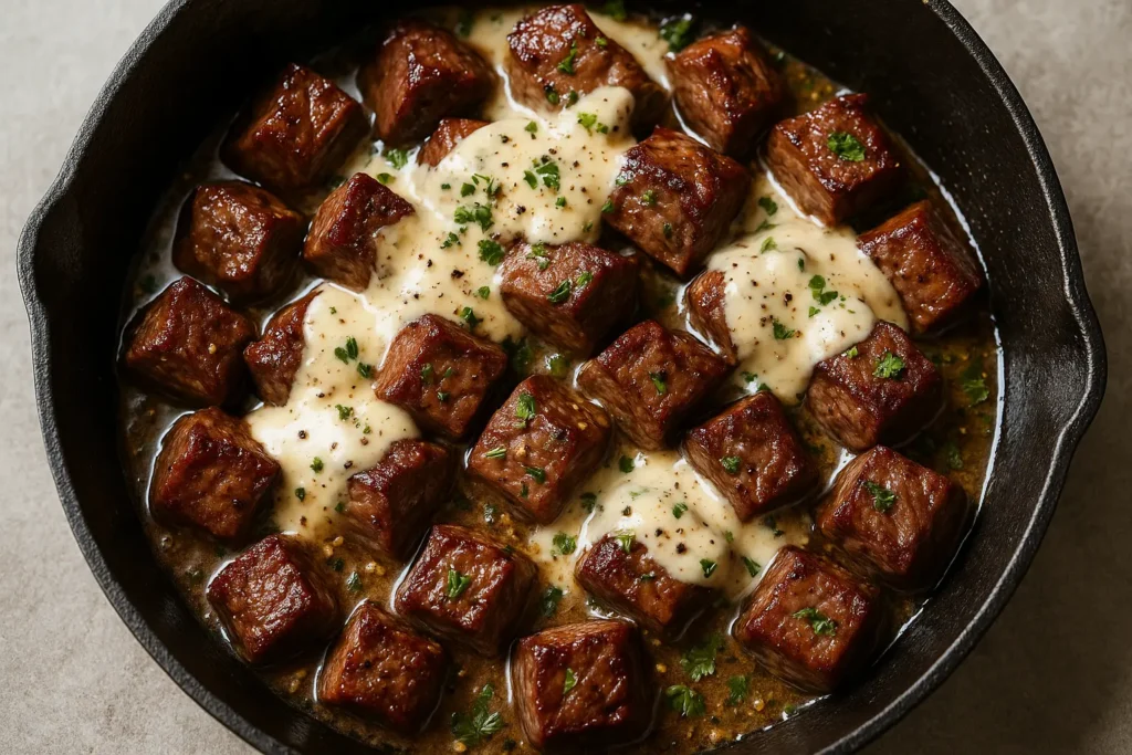 Garlic Butter Steak Bites with Parmesan Cream Sauce