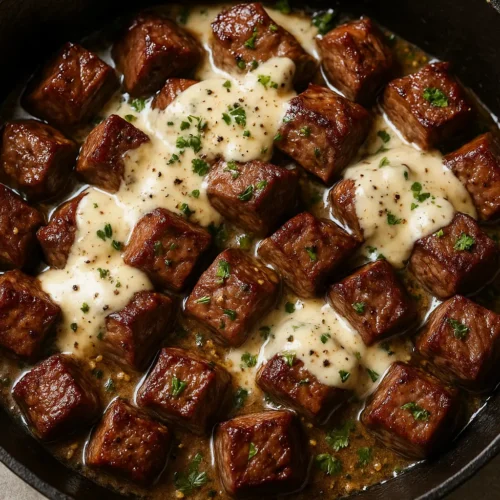 Garlic Butter Steak Bites with Parmesan Cream Sauce