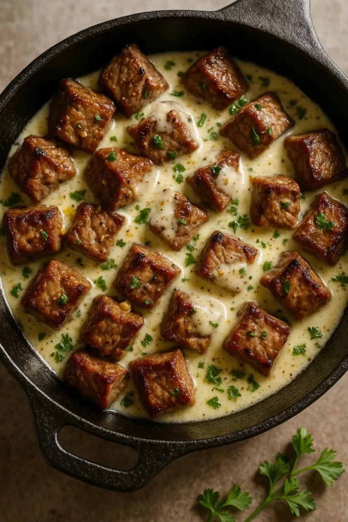 Rustic wooden serving board with cast iron skillet containing garlic butter steak bites in Parmesan cream sauce, accompanied by roasted vegetables