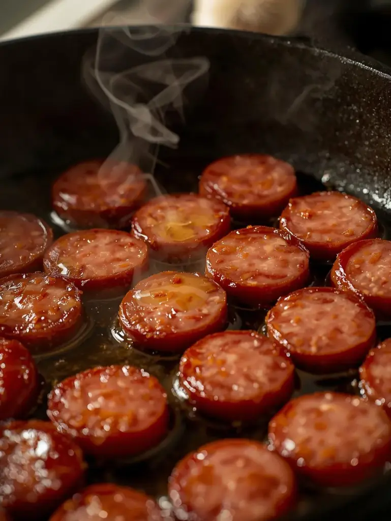 Step 1 of smothered potatoes and sausage: sautéing sliced sausage in olive oil until golden and crispy