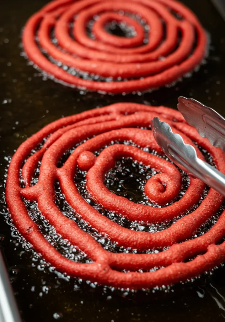 Red velvet funnel cake batter being poured into hot oil creating swirl patterns