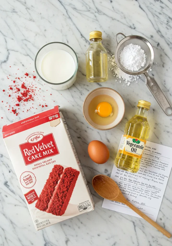 Five simple ingredients for red velvet funnel cakes including cake mix and milk