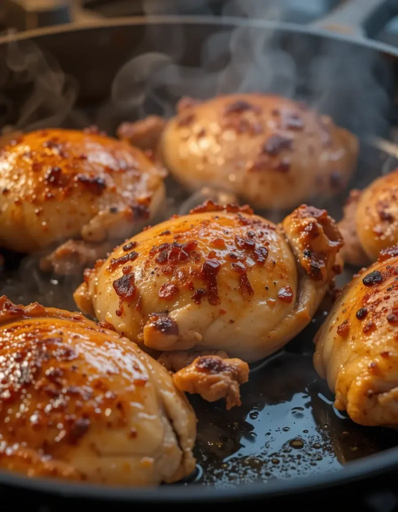Chicken thighs searing to golden perfection in cast iron skillet