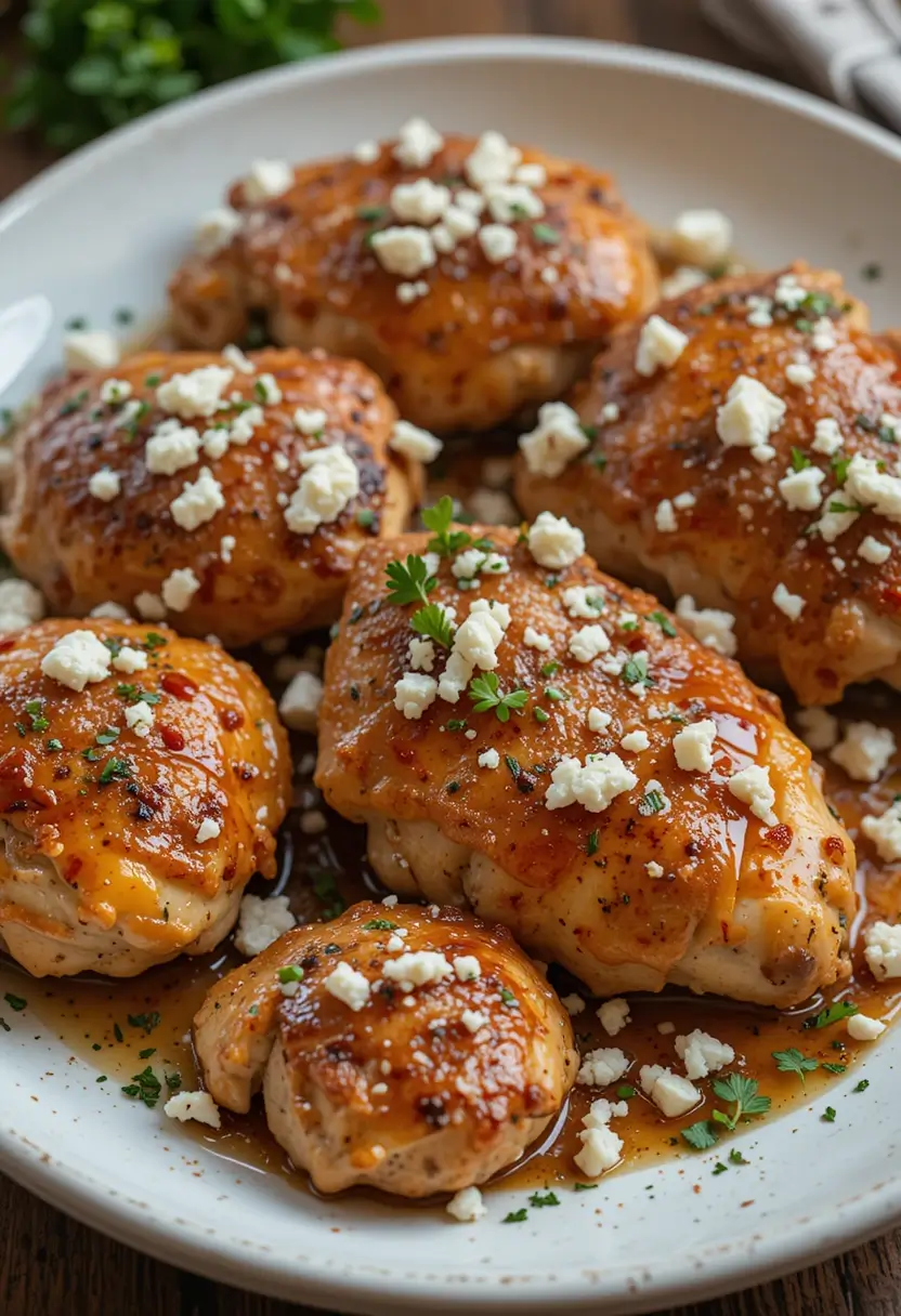 One-pot hot honey feta chicken in cast iron skillet with golden glaze