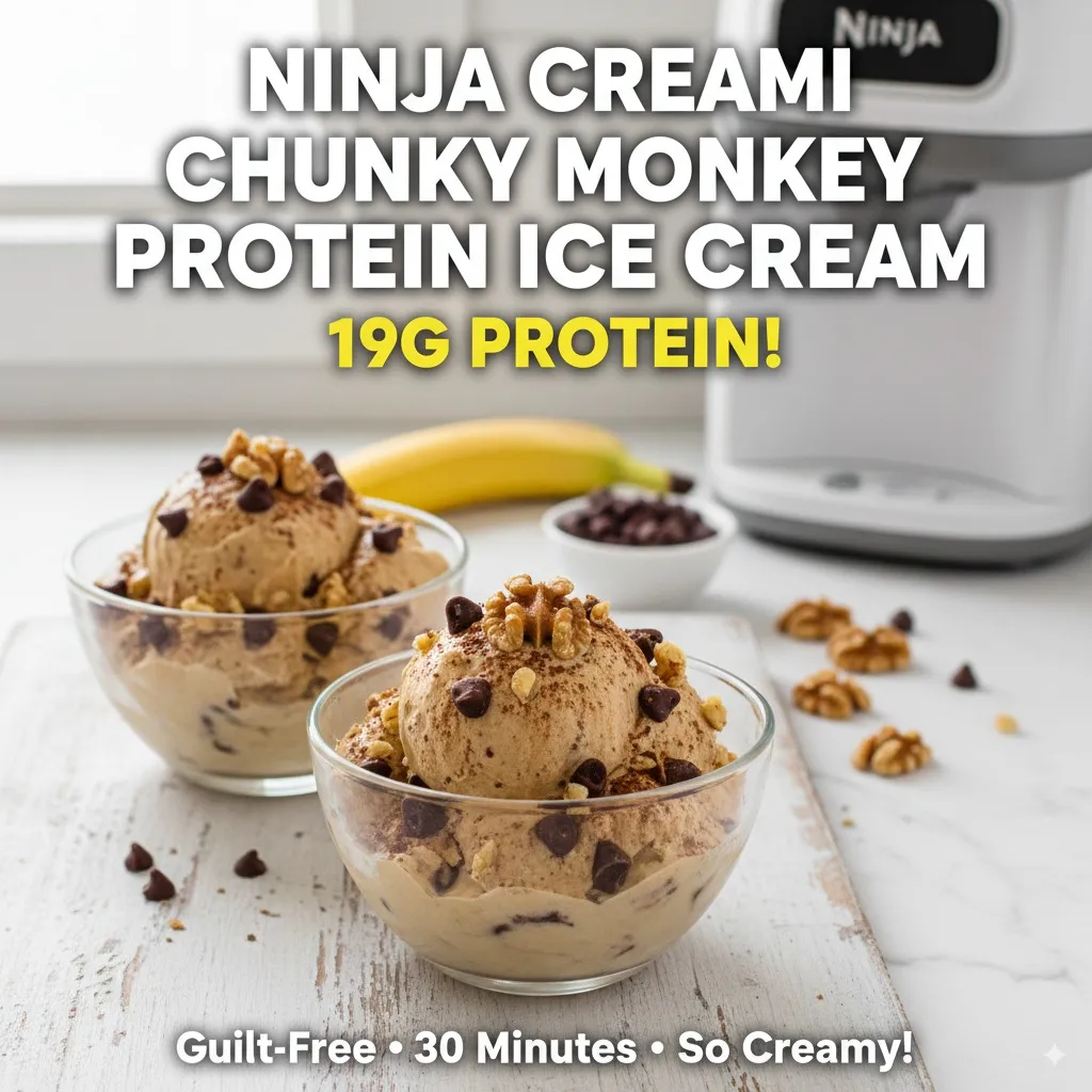 Bowl of chunky monkey protein ice cream topped with extra chocolate chips, walnuts, and banana slices