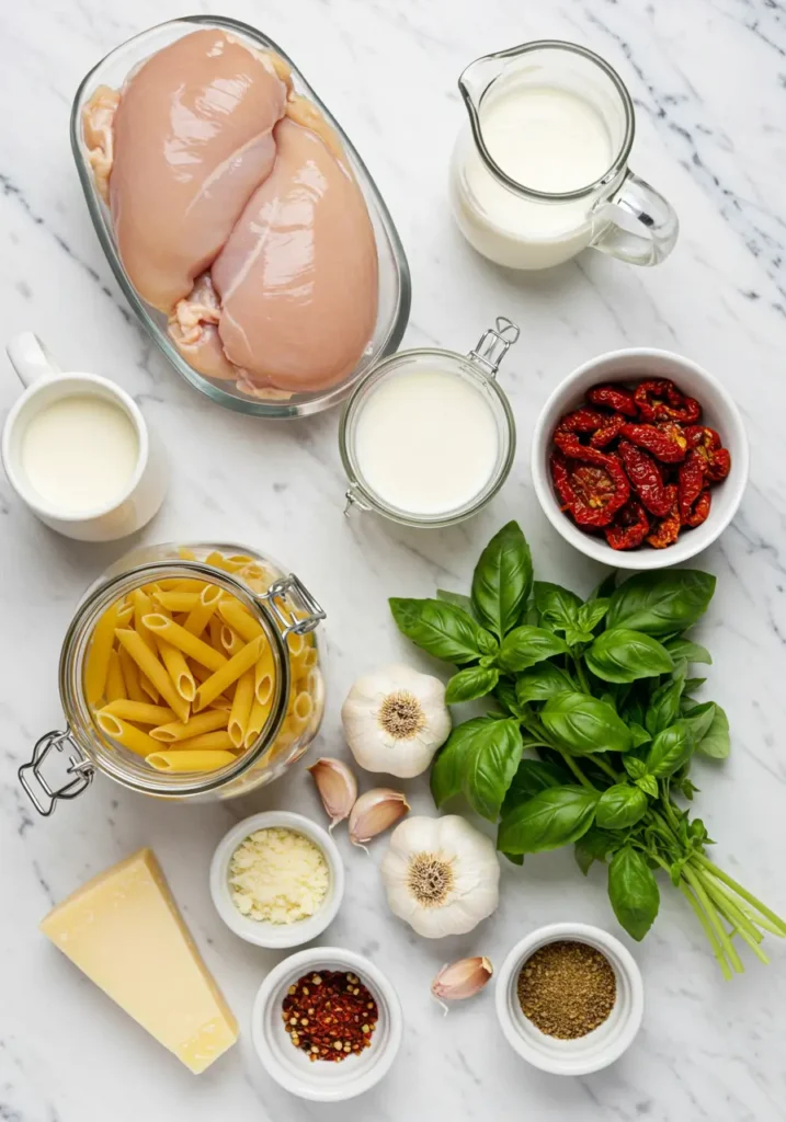 Flat lay of marry me chicken pasta ingredients