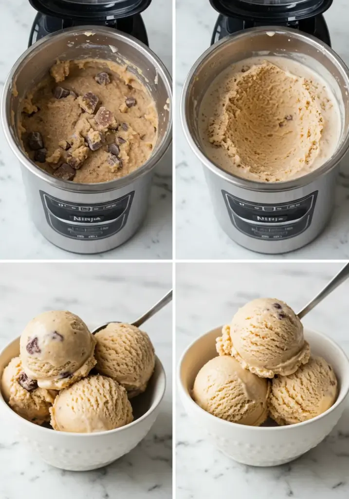 Ninja Creami machine processing frozen chunky monkey protein ice cream mixture