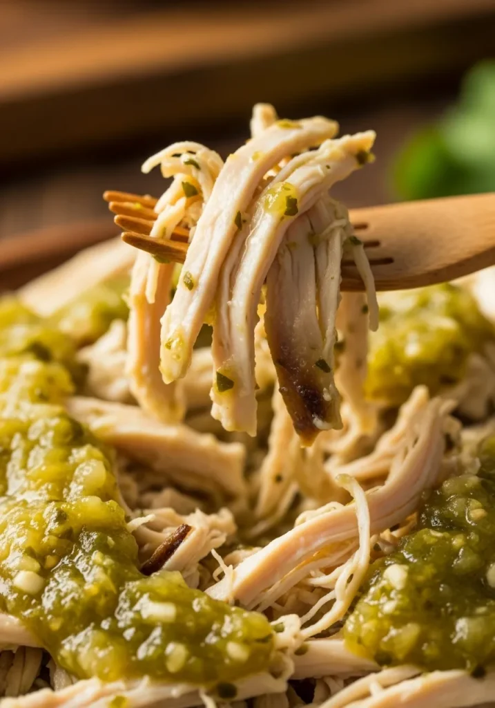 Close-up of tender shredded salsa verde chicken coated in green sauce with wooden fork lifting a juicy portion