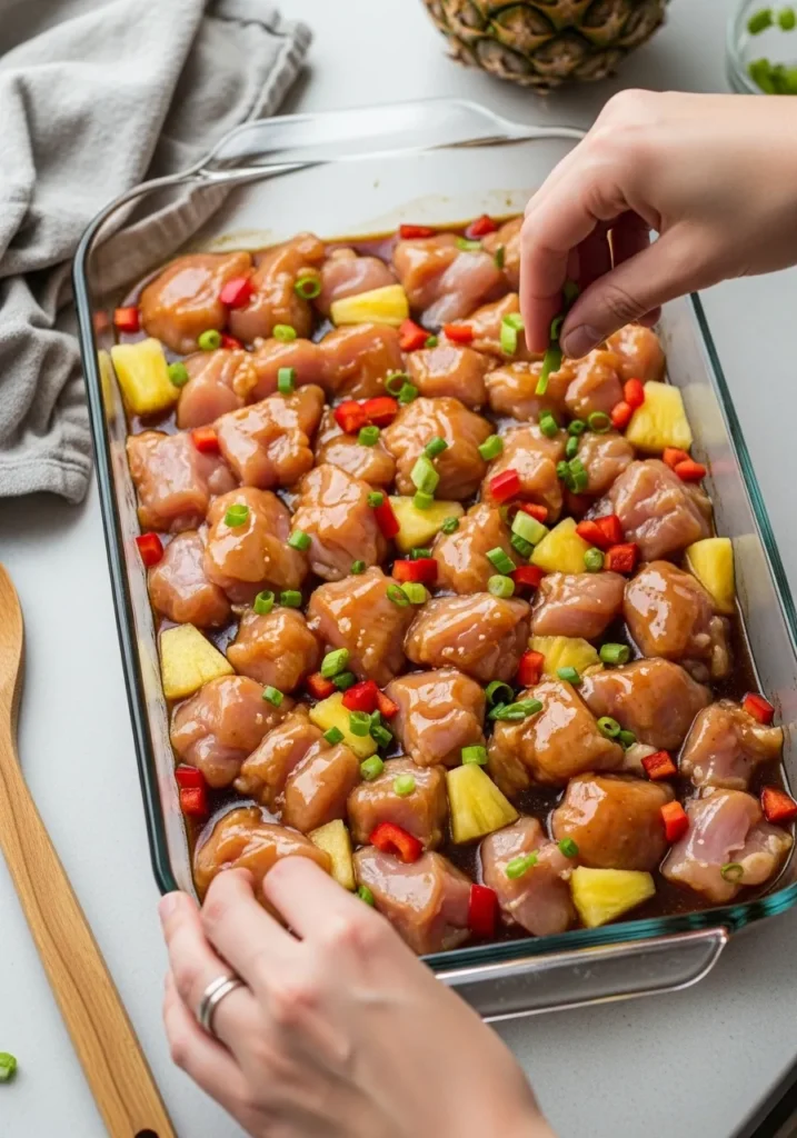 Raw bite-sized chicken pieces with teriyaki sauce, pineapple chunks and diced red peppers in glass baking dish before cooking