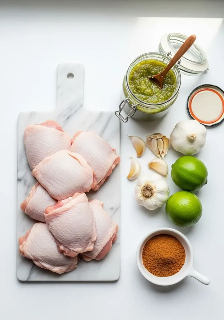 Flat lay of salsa verde chicken ingredients including raw chicken, salsa verde jar, garlic, cumin, and limes on white background.