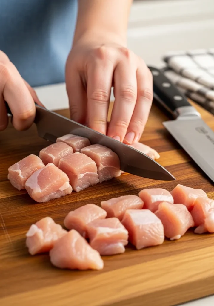 Hands cutting raw chicken thighs into bite-sized pieces on wooden cutting board, showing proper prep technique for teriyaki chicken recipe