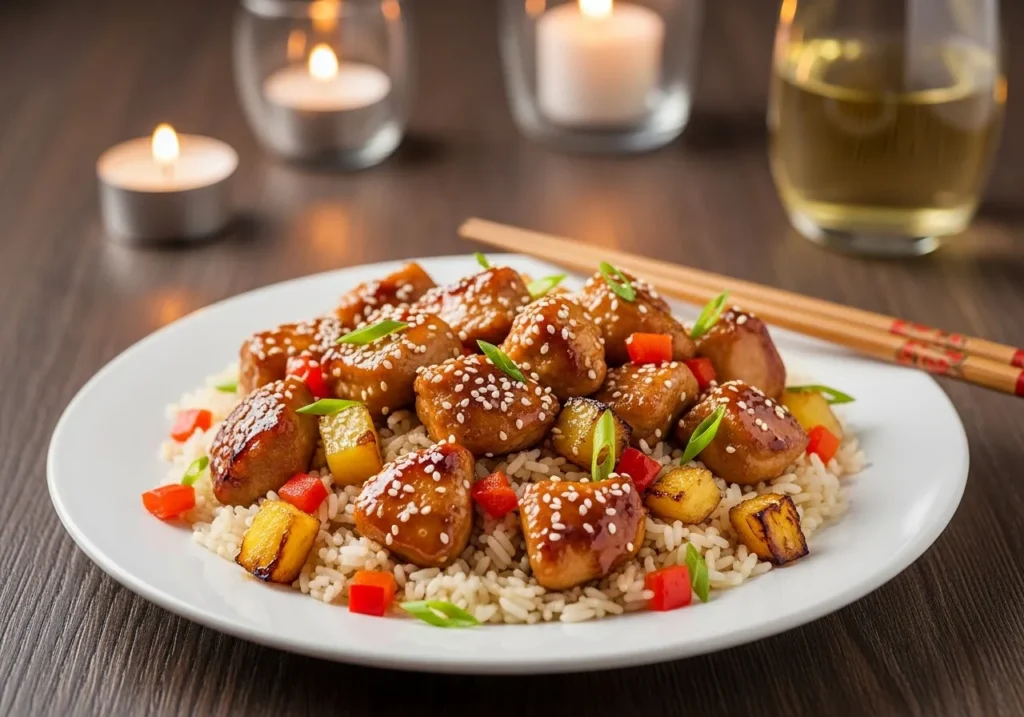 Plated teriyaki chicken bite-sized pieces over rice garnished with green onions and sesame seeds on dinner plate with chopsticks and wine glass