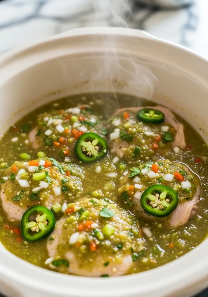 Raw chicken thighs covered in salsa verde cooking inside a slow cooker with visible steam and kitchen setting.