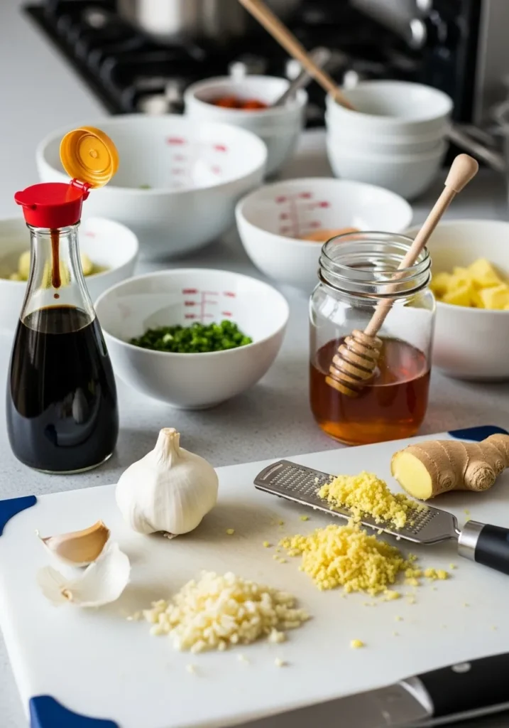 Teriyaki sauce ingredients including soy sauce, honey, rice vinegar, and cornstarch arranged in glass containers on wooden surface