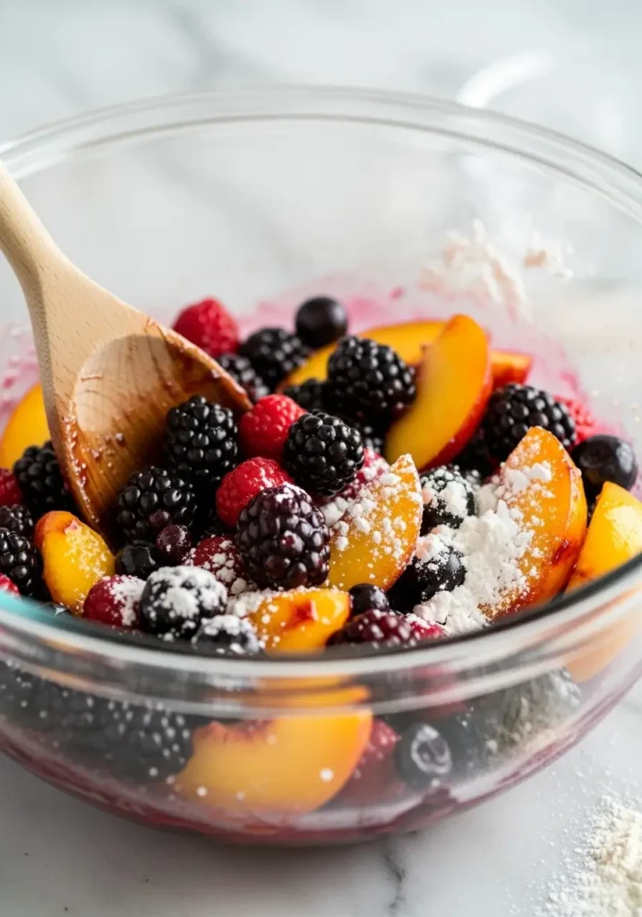 tossing colorful mixed berries and peach slices