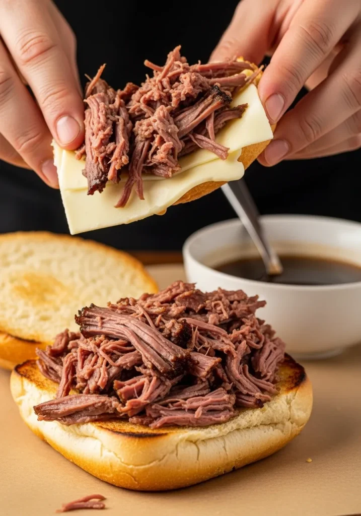 Step by step assembly of French dip sandwich with shredded beef and melted cheese