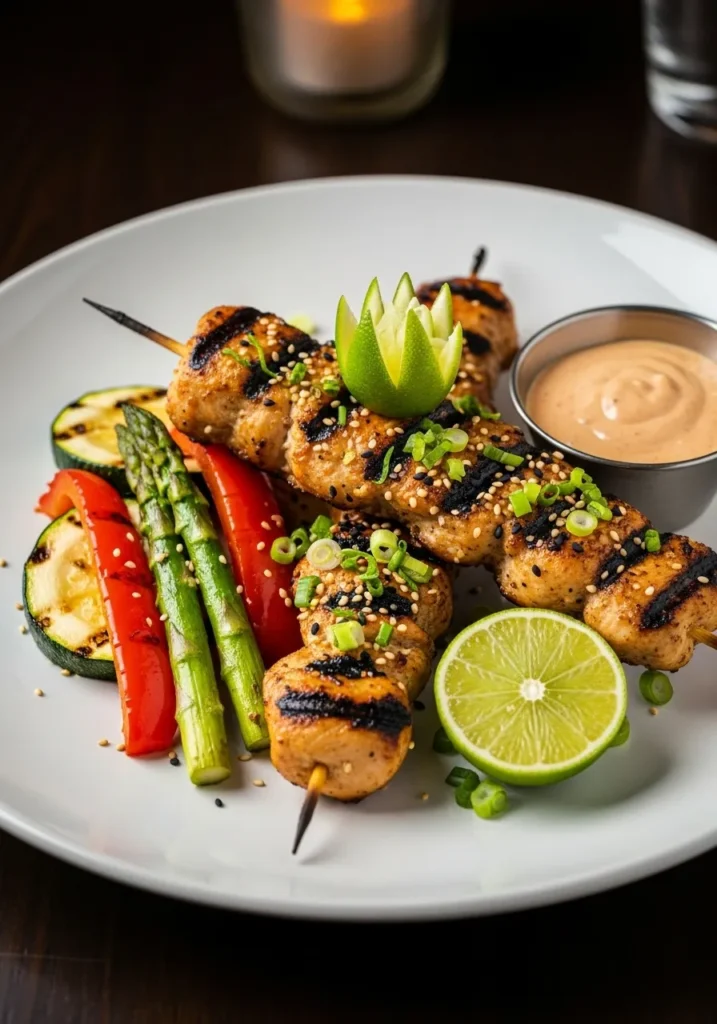 Complete meal with bang bang chicken skewers over rice with vegetables and lime wedges