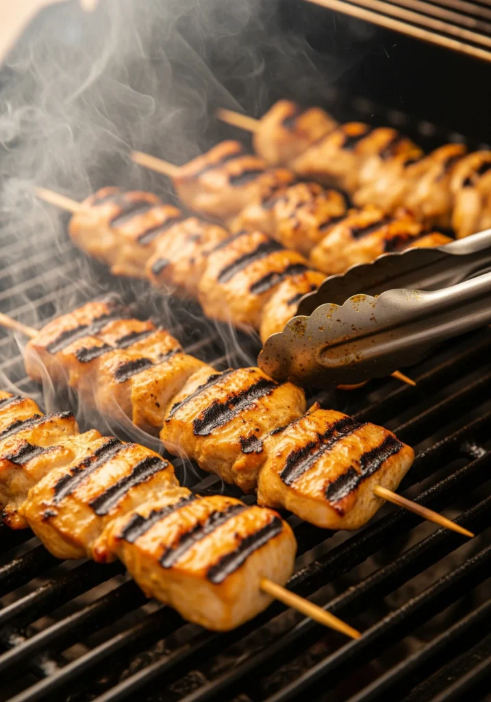 Chicken skewers cooking on hot grill with visible char marks and steam rising