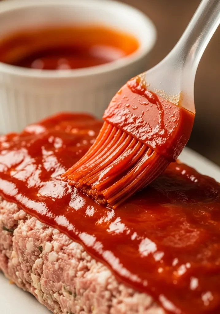 Pastry brush applying ketchup glaze to turkey meatloaf in slow cooker