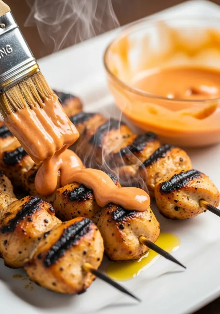 Pastry brush applying glossy bang bang sauce to hot grilled chicken skewers on serving platter