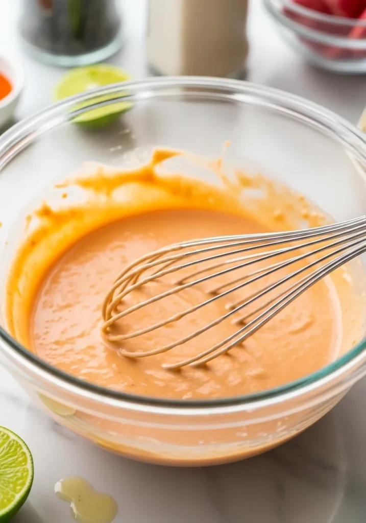 Creamy orange-pink bang bang sauce in glass bowl with whisk, showing perfect consistency and color