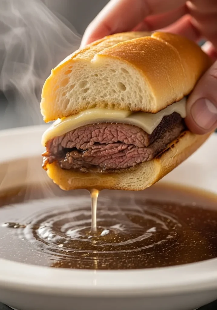 Delicious French dip sandwich being dipped into rich, flavorful au jus broth