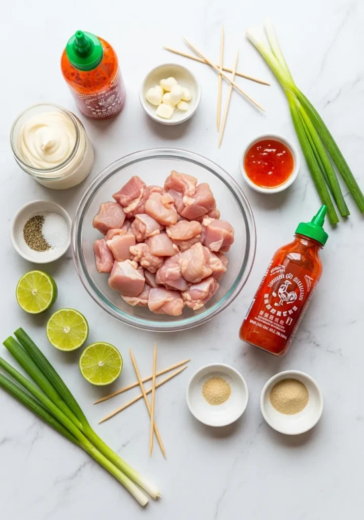 Raw chicken thighs, mayonnaise, sriracha, sweet chili sauce, lime, and spices arranged on marble countertop