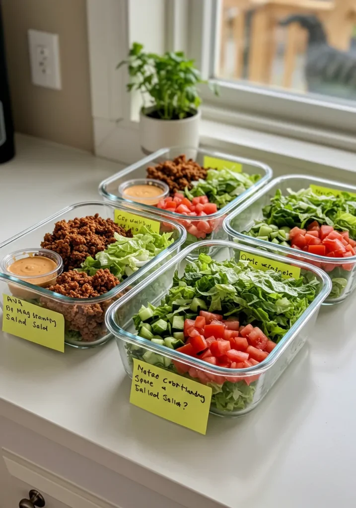 Meal prep containers filled with Big Mac Salad ingredients, including ground beef, romaine, and special sauce, ready for a week of low-carb lunches.