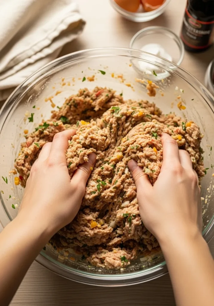Hands mixing raw turkey meatloaf ingredients in large glass bowl showing proper technique