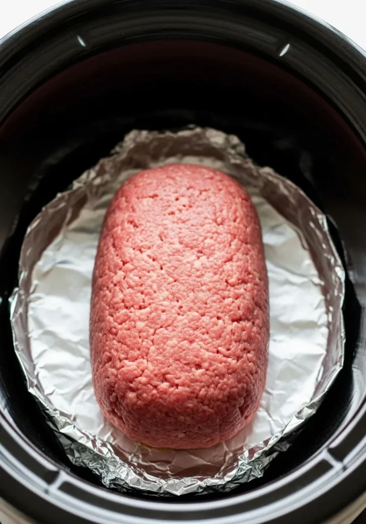 Shaped turkey meatloaf in slow cooker with foil sling before cooking