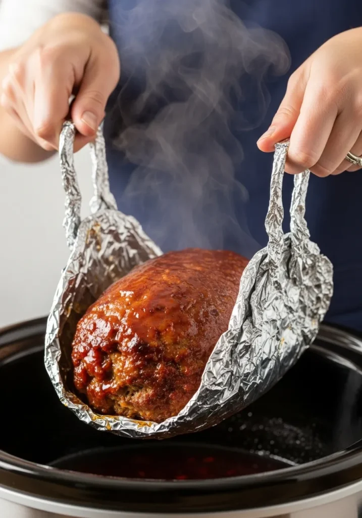 Hands using foil sling handles to lift cooked turkey meatloaf from slow cooker