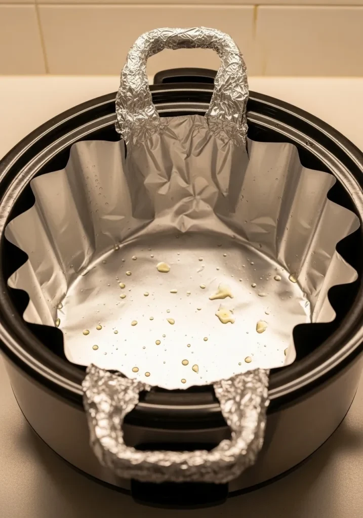Slow cooker lined with aluminum foil sling ready for turkey meatloaf"