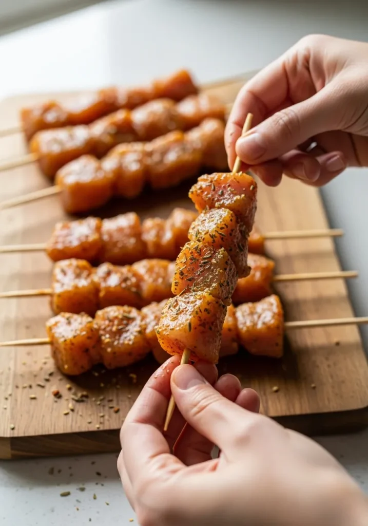 Hands threading seasoned chicken pieces onto wooden skewers for grilling preparation