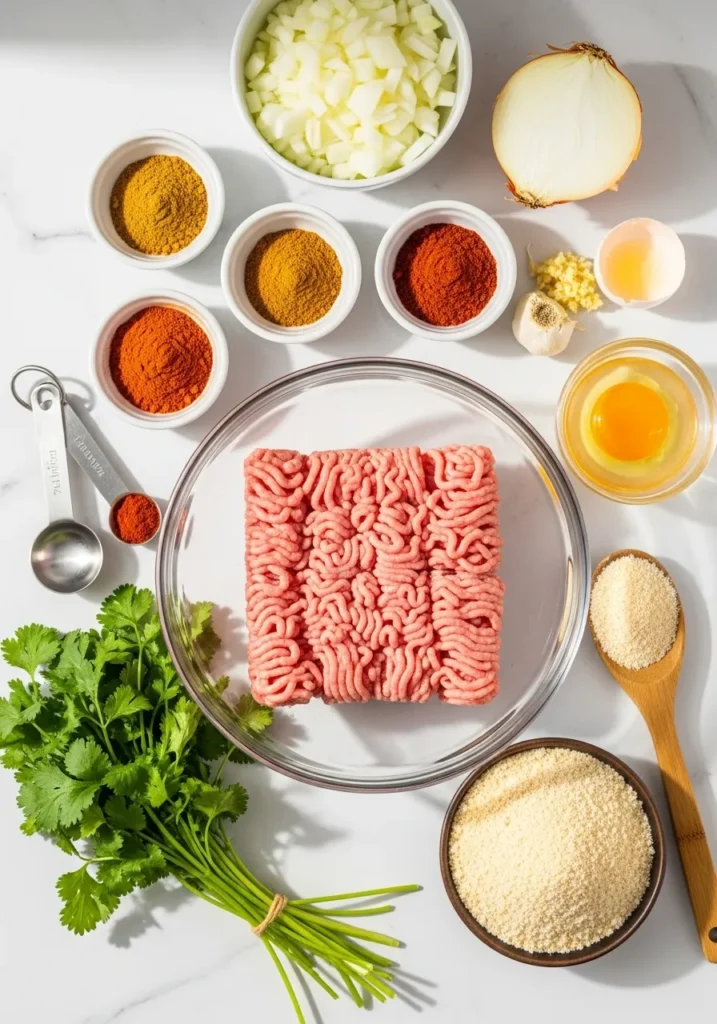 All ingredients for slow cooker turkey meatloaf arranged on marble countertop including ground turkey, spices, and vegetables