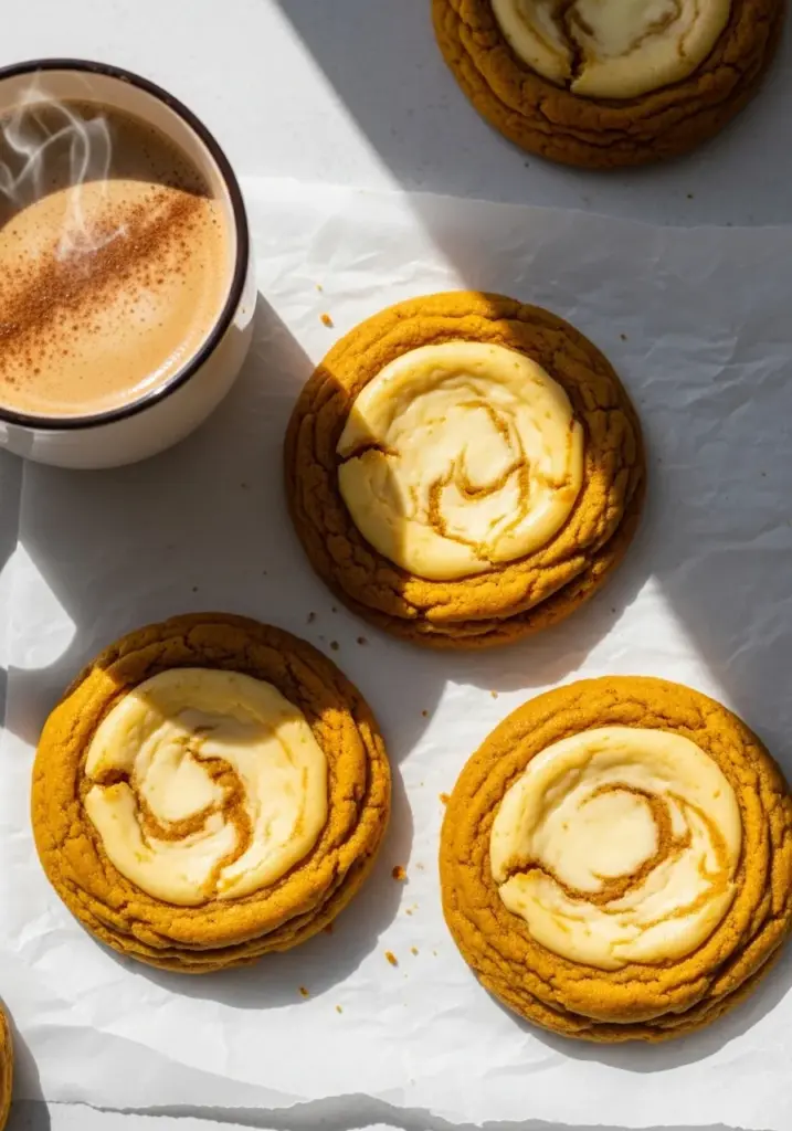 Pumpkin cheesecake cookies styled with fall decorations and coffee