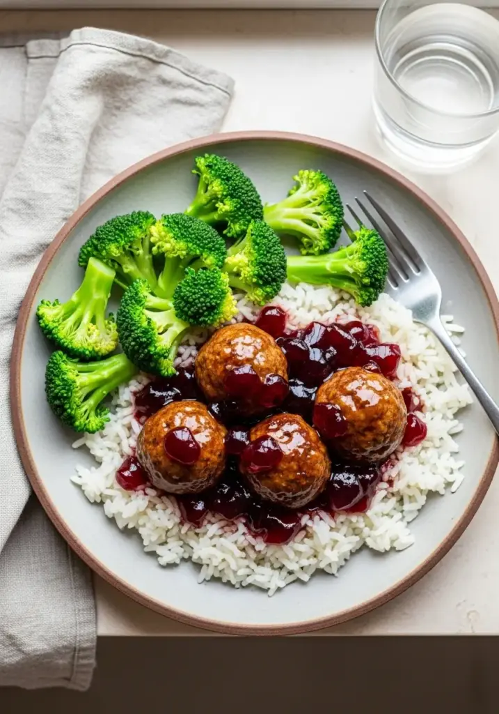 Grape jelly meatballs served over white rice with steamed broccoli on a dinner plate